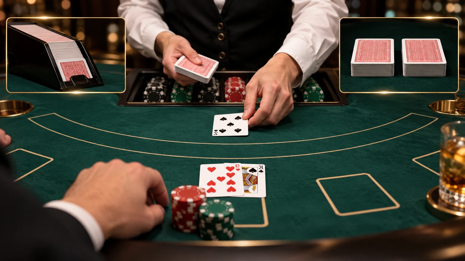 Blackjack cards, chips and dealing equipment for American vs. European Blackjack