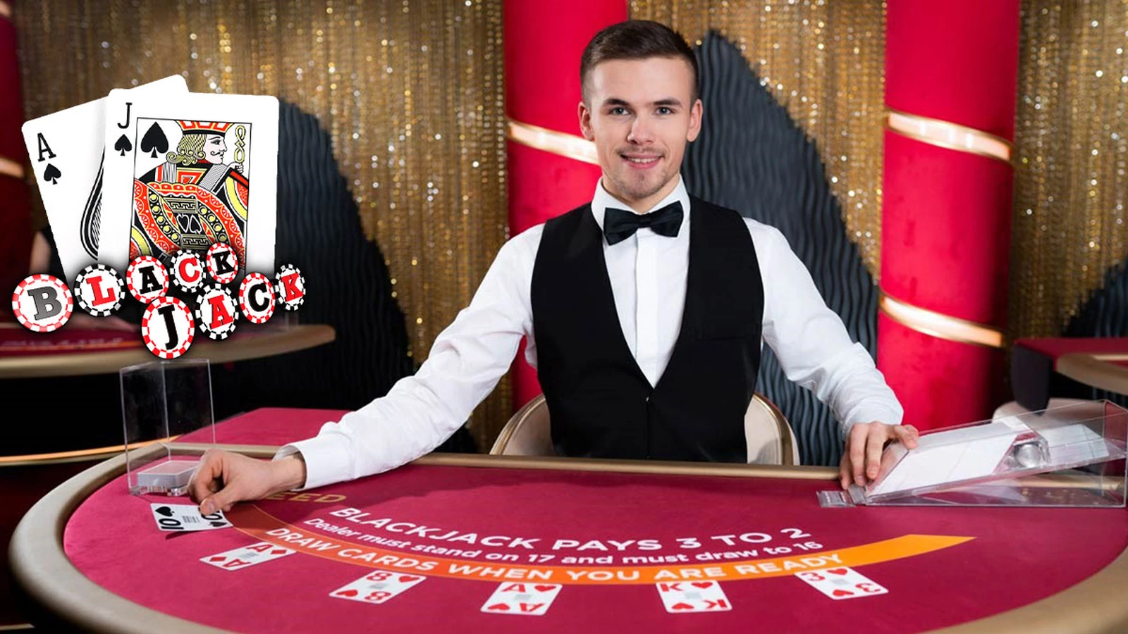 Blackjack dealer at a casino table representing tournament final-table competition