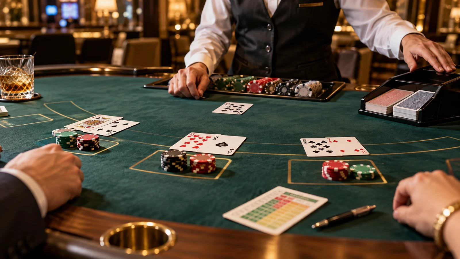 Blackjack tournament table with dealer, player hands and tournament chip stacks
