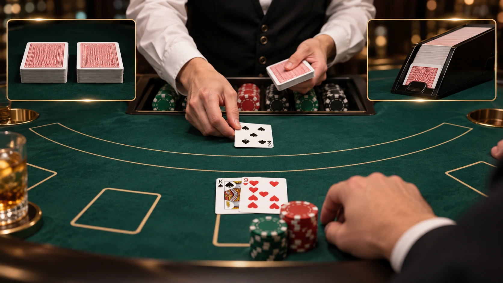 Blackjack dealer with two-deck and shoe-dealt card setups