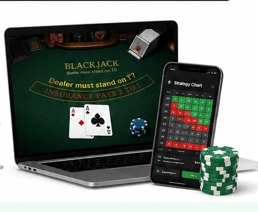 Blackjack learning hub with digital strategy chart and blackjack table